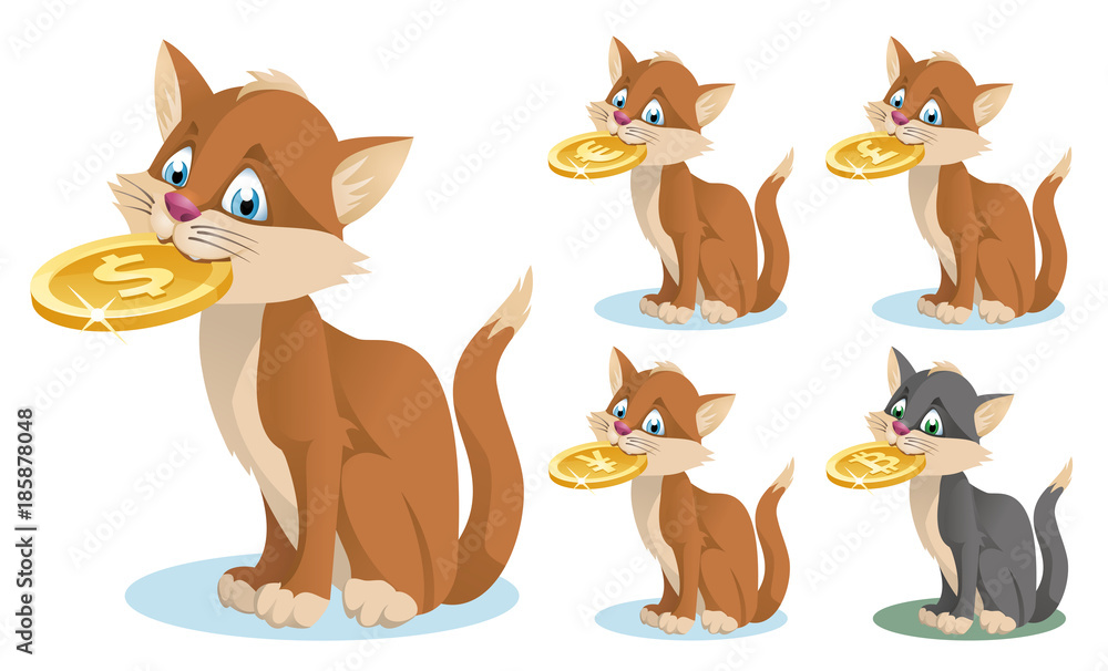 Funny cat holding symbol of different currencies. Dollar, euro, yen, pound sterling and bitcoin. Cartoon styled vector illustration. Elements is grouped. No transparent objects. Isolated on white. 