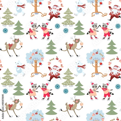 Seamless Christmas pattern with reindeer Rudolph  Santa Claus  cute raccoons and polar bears in fairy winter forest. Vector illustration.