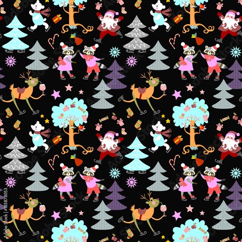 Seamless christmas print for fabric with deer Rudolph, Santa Claus, polar bear and cute raccoons. Beautiful vector illustration.