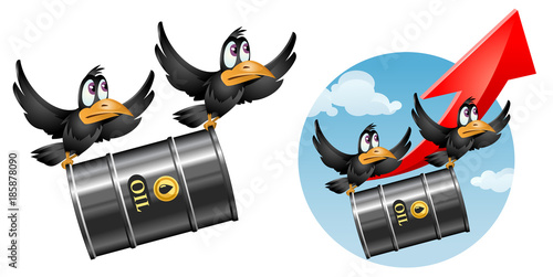 Flying funny crows carries a barrel of oil. Cartoon styled vector illustration. On sky background and isolated on white. Elements is grouped. No transparent objects.