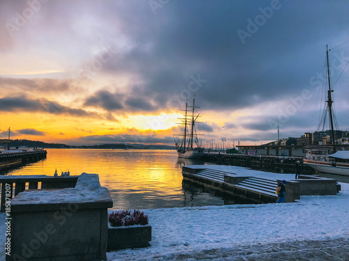 Oslo harbor during the sunset