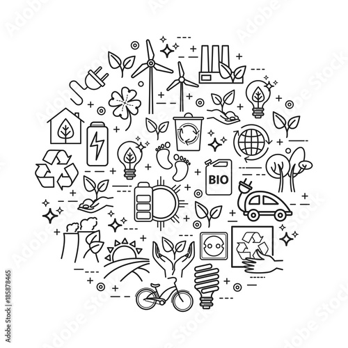 Ecology lifestyle, green energy, recycle. Vector icons set in linear style