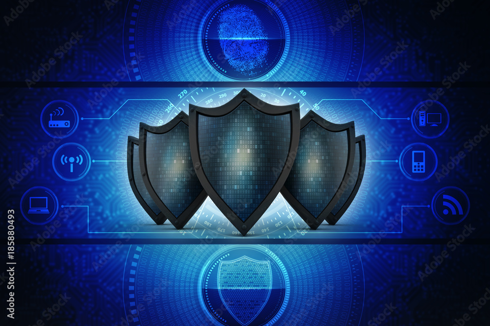 Fototapeta premium 3d illustration Security concept - shield on digital code background