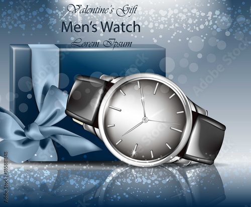 Classic Man watch and gift box realistic Vector. 3d detailed mock up. Blue backgrounds