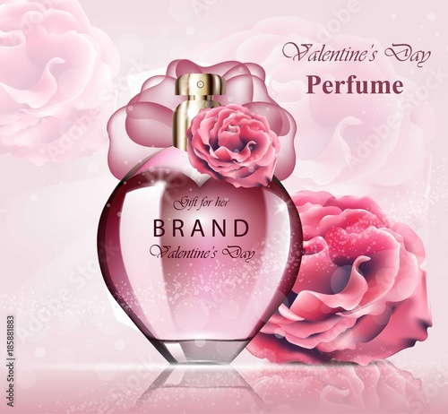 Women perfume bottle delicate rose fragrance. Realistic Vector Product packag...