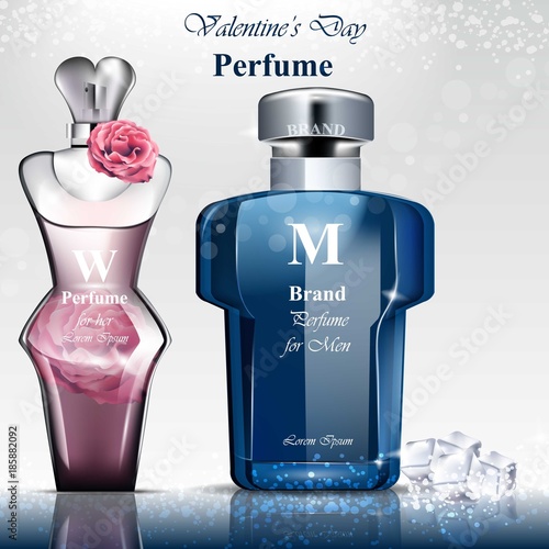 Women and men perfume bottle fragrance. Realistic Vector Product packaging designs mock ups