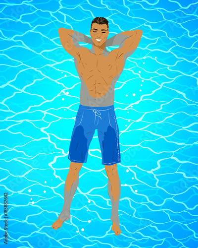 Happy young man floating on blue water