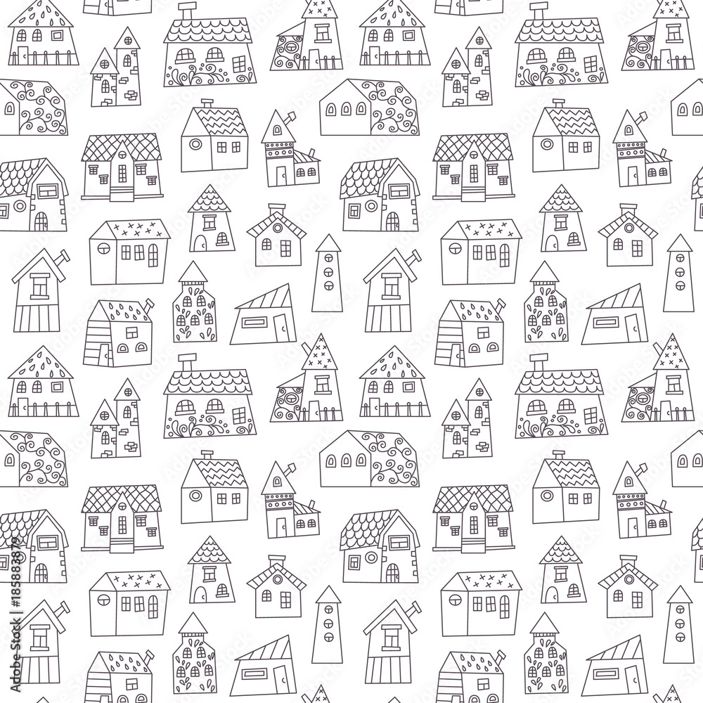 Doodle hand drawn town seamless pattern. Can be used for textile, website background, book cover, packaging.