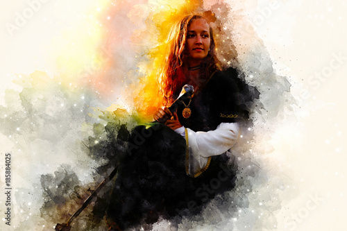 beautiful woman with sword in a historical clothing and Softly blurred watercolor background.