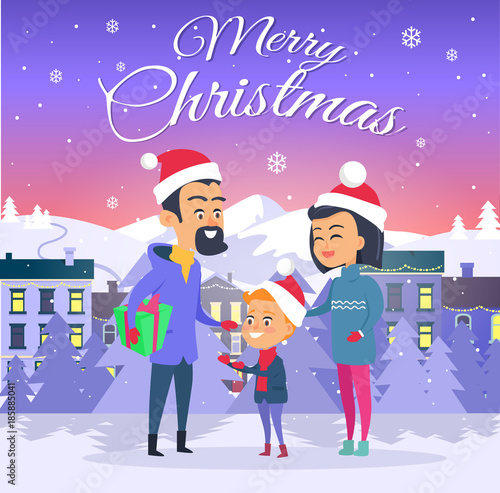 Postcard with Merry Christmas on City Background