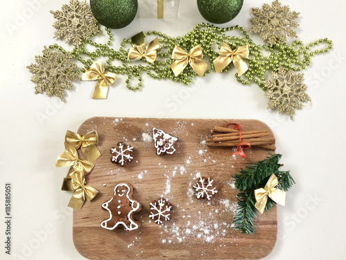 Homemade Gingerbread cookies and Christmas decors background top view