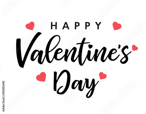 Lettering Happy Valentines Day banner black. Valentines Day greeting card template with typography text happy valentine`s day and pink hearts on background. Vector illustration