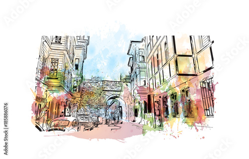 Watercolor splash with hand drawn sketch of Aya Sophia Istanbul, Turkey in vector.