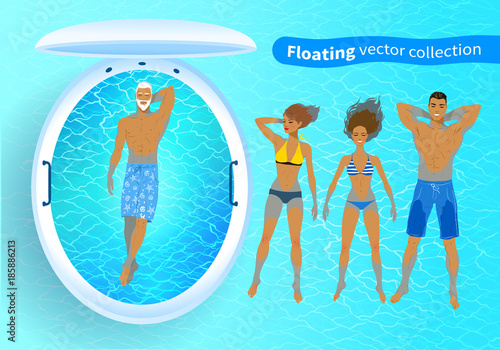 Collection of people and floating tank