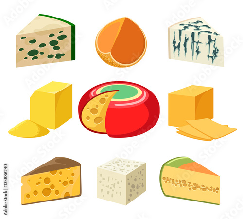 Cheese. cheeses types and slices delicatessen groceries isolated on white, gouda and feta, parmigiano and cheddar, gorgonzola and roquefort, vector illustration
