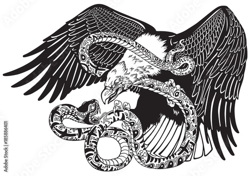 eagle battling a snake serpent. Black and white tattoo style vector illustration 