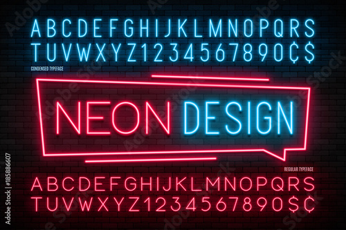 Neon light alphabet, realistic extra glowing font. 2 in 1