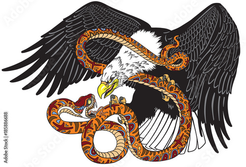 eagle fighting a snake serpent . Tattoo style vector illustration 