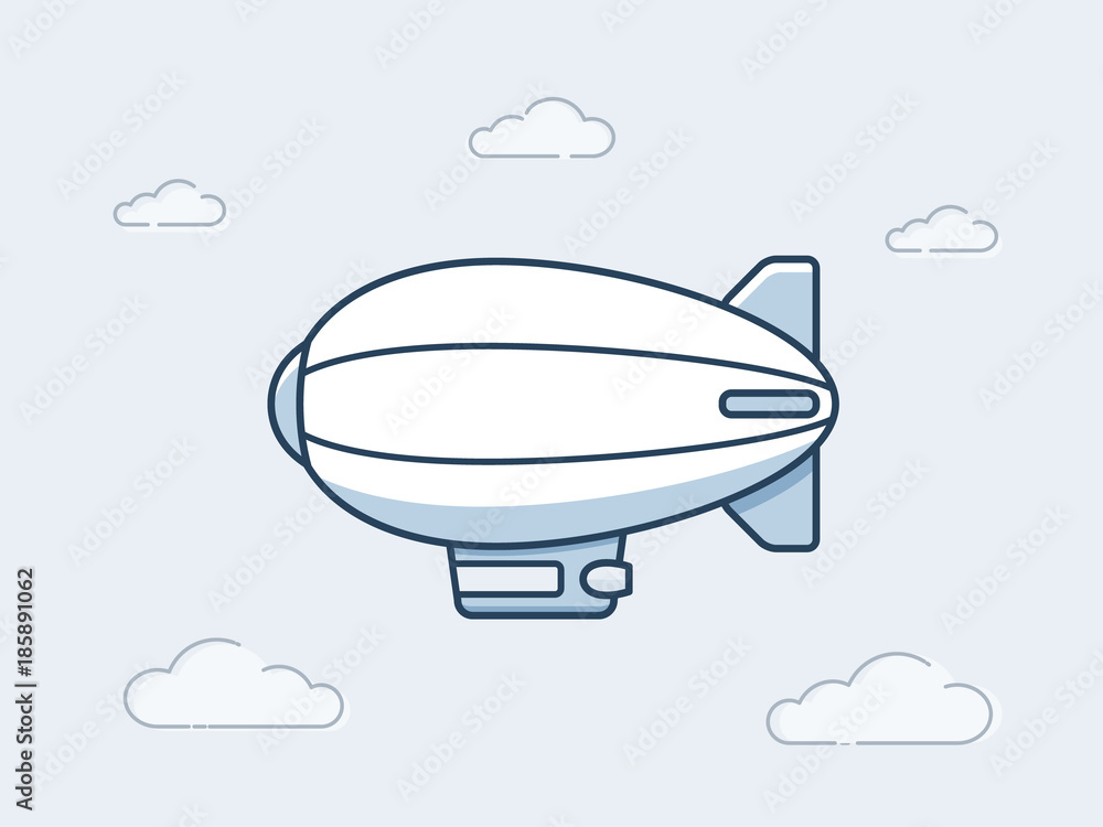 Blimp or zeppelin aircraft flying in the the sky. Vector icon in monoline style illustration Blimp or zeppelin aircraft flying in the the sky. Vector icon in monoline style illustration