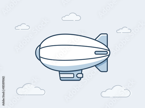 Blimp or zeppelin aircraft flying in the the sky. Vector icon in monoline style illustration