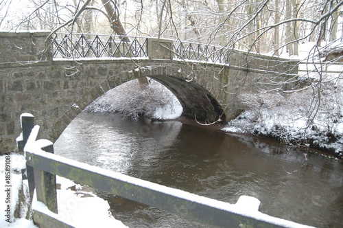 Snowy bridge in Aden Country Park, Aberdeenshire photo