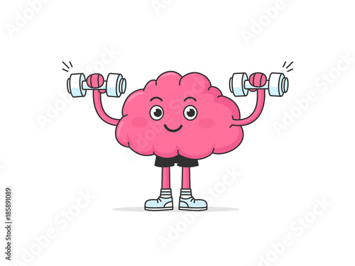 Cute happy brain mascot having training exercise with weights 