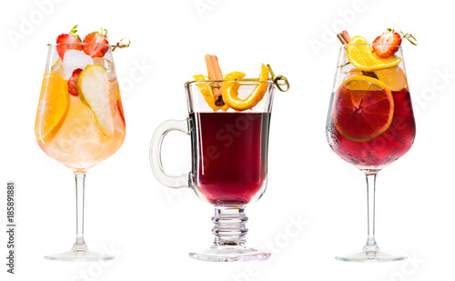 Set of alcoholic cocktails sangria and mulled wine isolated on white