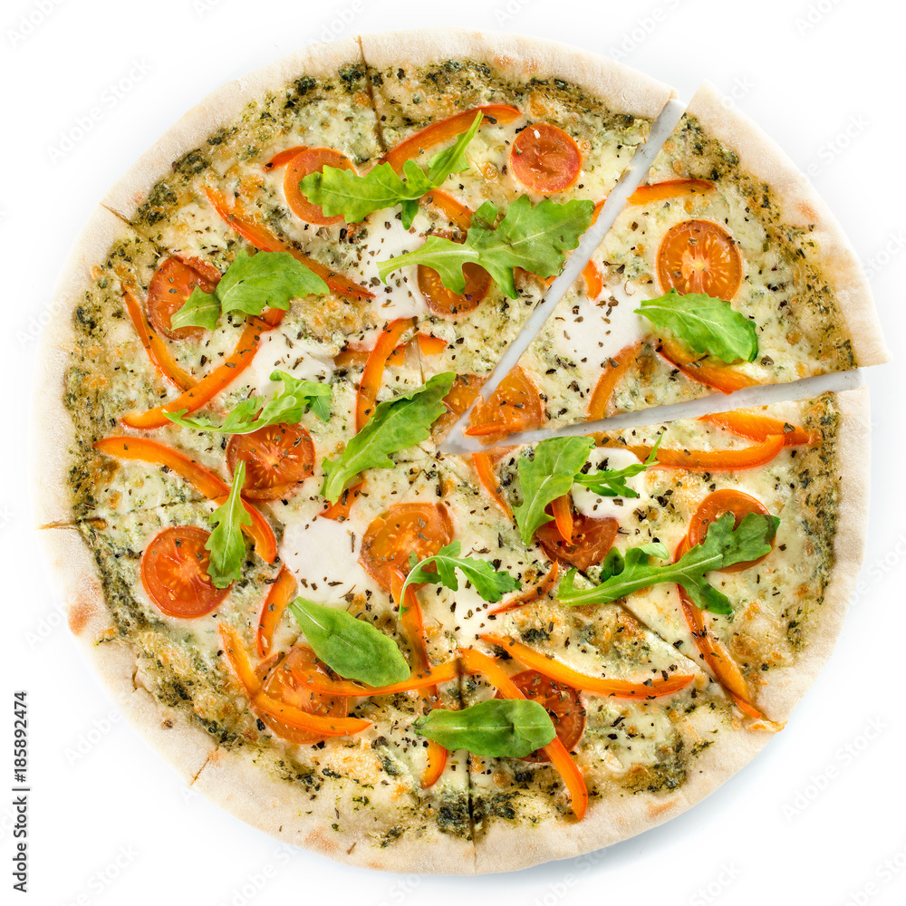 Traditional delicious Italian pizza with tomato, cheese, pepper and basil on light background. Top view, flat lay Traditional delicious Italian pizza with tomato, cheese, pepper and basil on light background. Top view, flat lay
