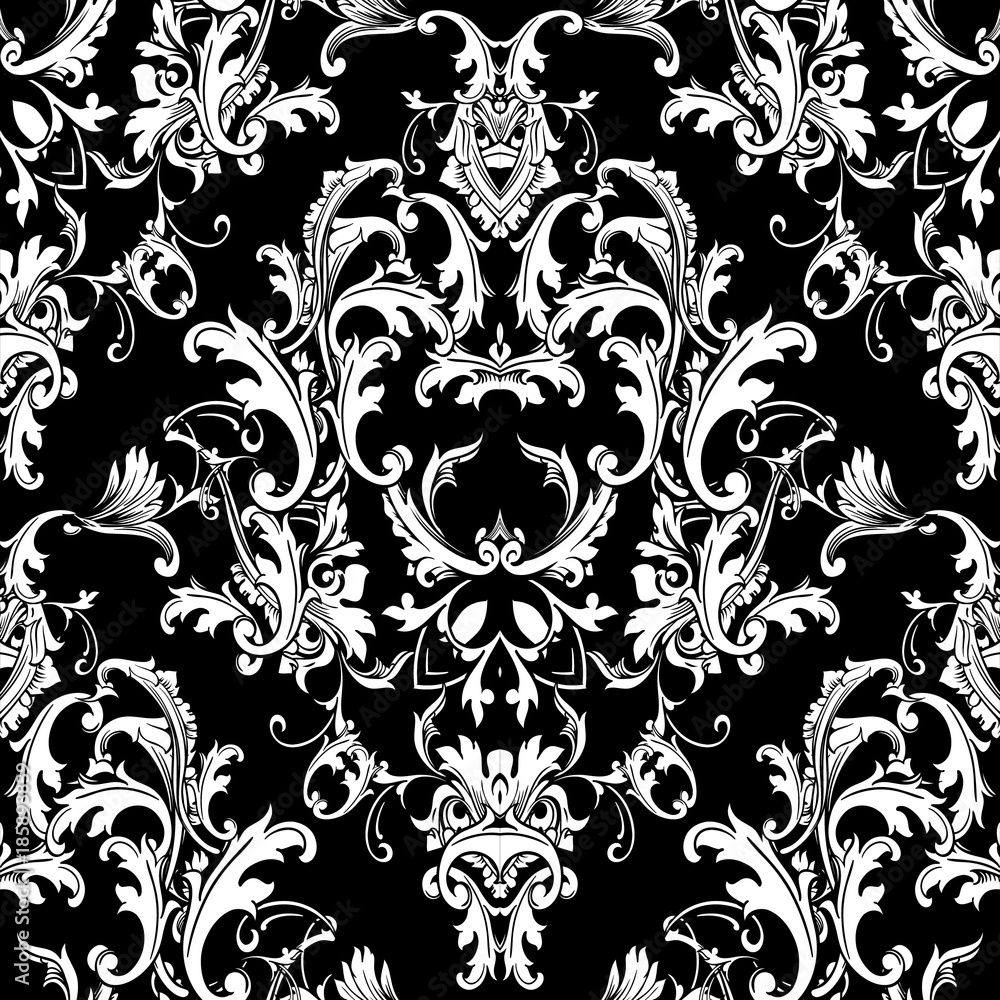Baroque black white seamless pattern. Luxury floral background wallpaper  with damask flowers, scroll leaves, and antique Baroque ornaments in  Victorian style. Elegance design for fabric, prints, wall Stock Vector |  Adobe Stock