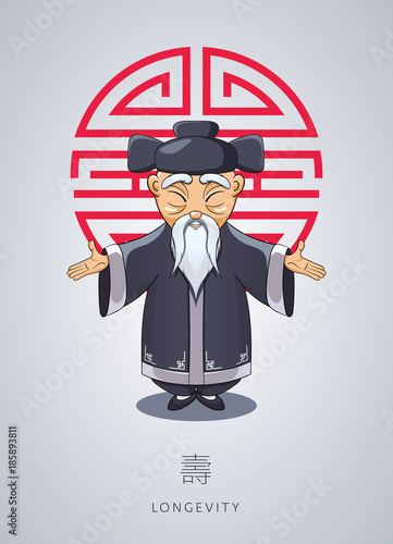 Cartoon hand drawn Asian gray-haired wise old man in national clothes with ornament and hat on background of symbol longevity. Chinese man stands with folded arms in gesture. Сoncept Chinese New Year