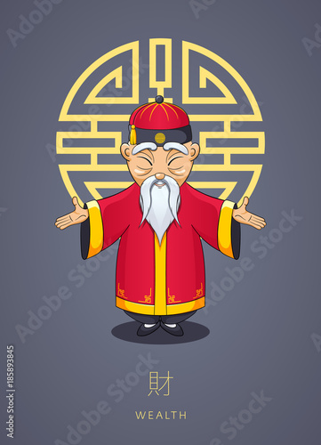 Cartoon hand drawn Asian gray-haired old man in national clothes with ornament and hat on background of symbol wealth. Chinese man stands with folded arms in gesture. Chinese New Year Illustration