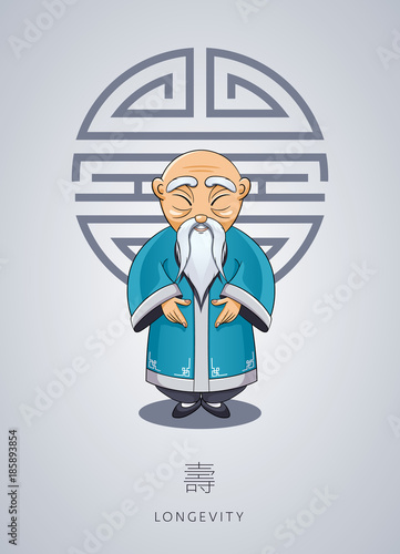 Cartoon Asian gray-haired old man in national clothes with ornament on background of symbol longevity. Chinese man stands with folded arms in gesture. Chinese New Year Illustration