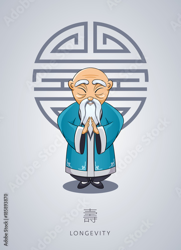 Cartoon Asian gray-haired old man in national clothes with ornament on background of symbol longevity. Chinese man stands with folded arms in gesture. Chinese New Year Illustration