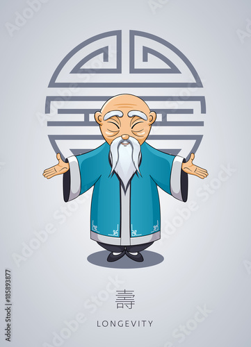 Cartoon Asian gray-haired old man in national clothes with ornament on background of symbol longevity. Chinese man stands with folded arms in gesture. Chinese New Year Illustration