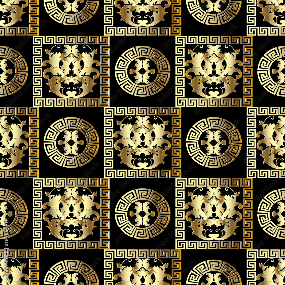 Gold Baroque seamless pattern. Modern floral black background with ...
