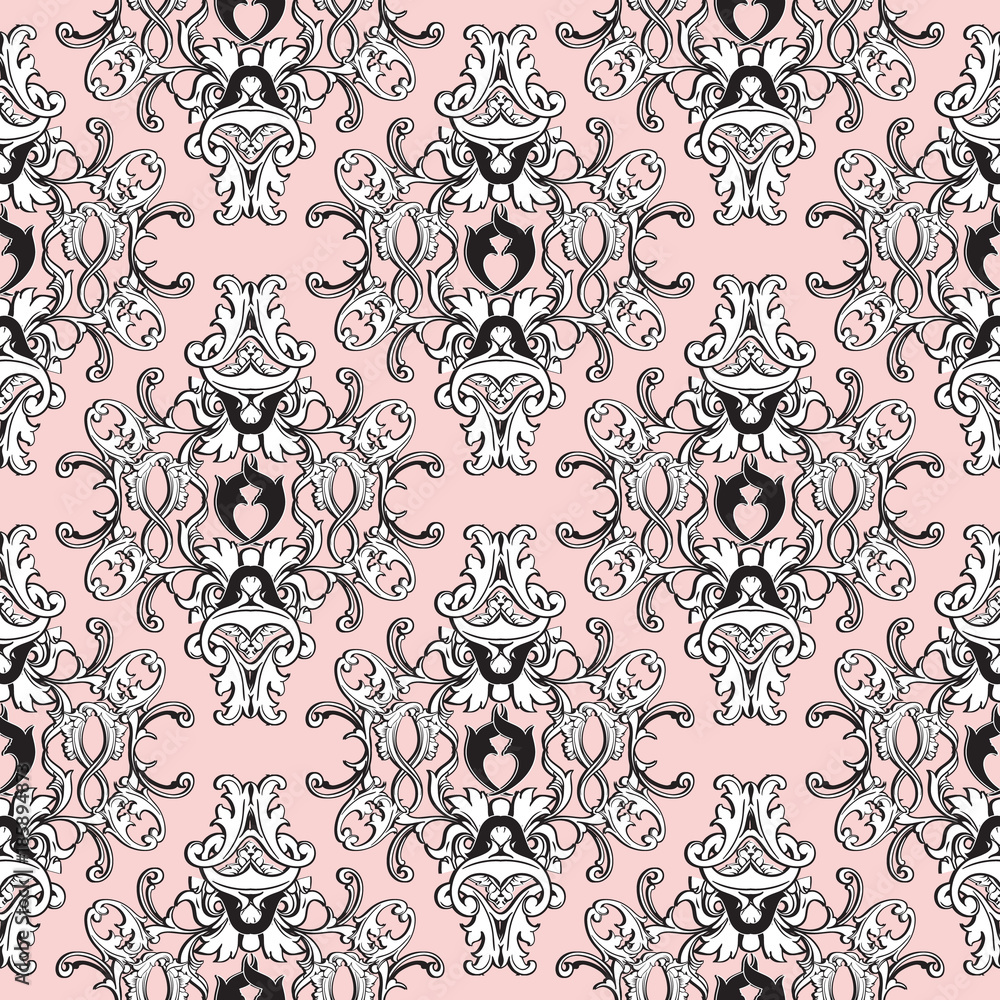 Damask floral seamless pattern. Light pink background wallpaper with ...
