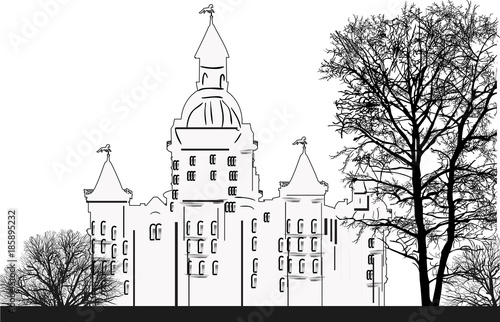 castle outline behind bare trees isolated on white