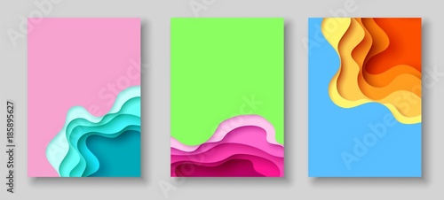 Cover or flyer template with abstract paper cut blue green pink yellow background. Vector template in carving art style