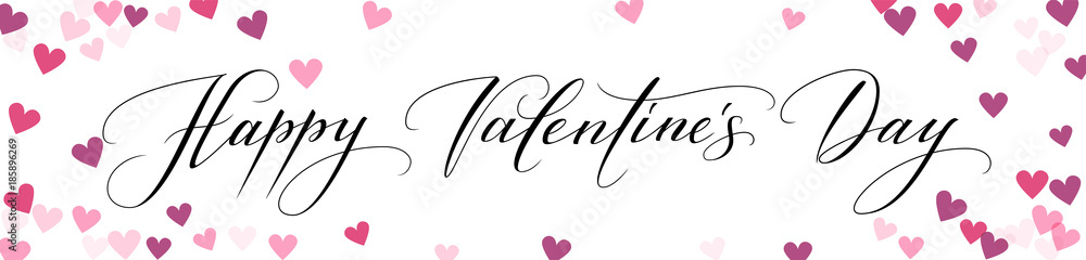 Obraz premium Banner with hearts and Happy Valentines day hand written calligraphy