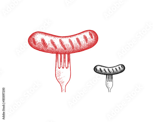 Fork and the Sausage Food on the Restaurant Illustration Hand Drawing Symbol Logo Vector