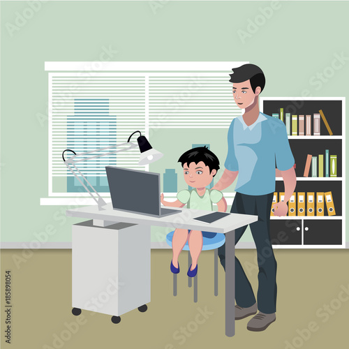 Father with son doing homework on desktop computer