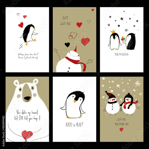 Set Of Love Cards With Animals.