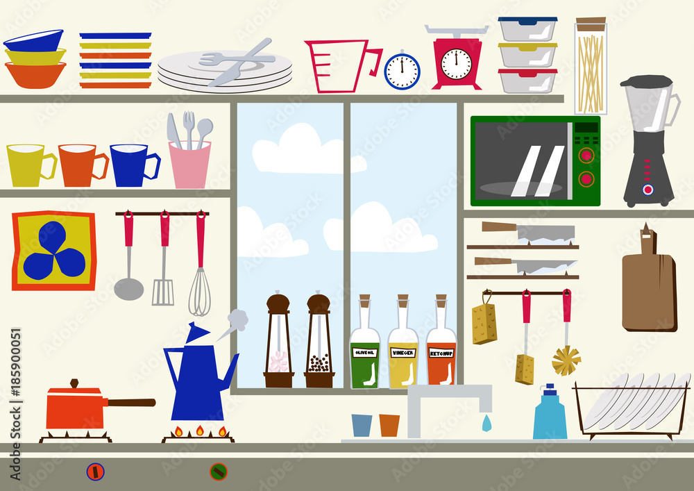 大きな窓のあるキッチン。キッチンのイメージイラスト。素材。 大きな窓のあるキッチン。キッチンのイメージイラスト。素材。