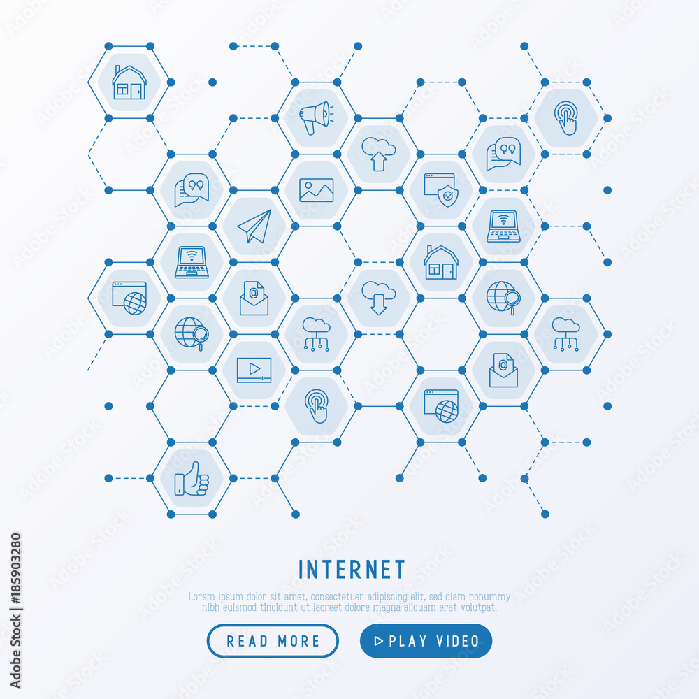 Internet concept in honeycombs with thin line icons: e-mail, chat, laptop, share, cloud computing, seo, download, upload, stream, global connection. Modern vector illustration for web page. Internet concept in honeycombs with thin line icons: e-mail, chat, laptop, share, cloud computing, seo, download, upload, stream, global connection. Modern vector illustration for web page.