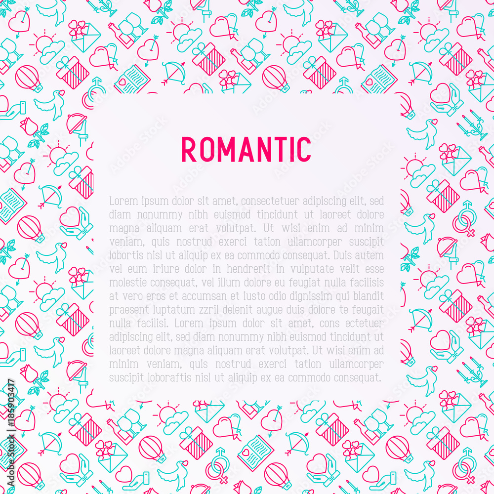 Romantic concept with thin line icons, related to dating, honeymoon, Valentine's day. Modern vector illustration, web page template.