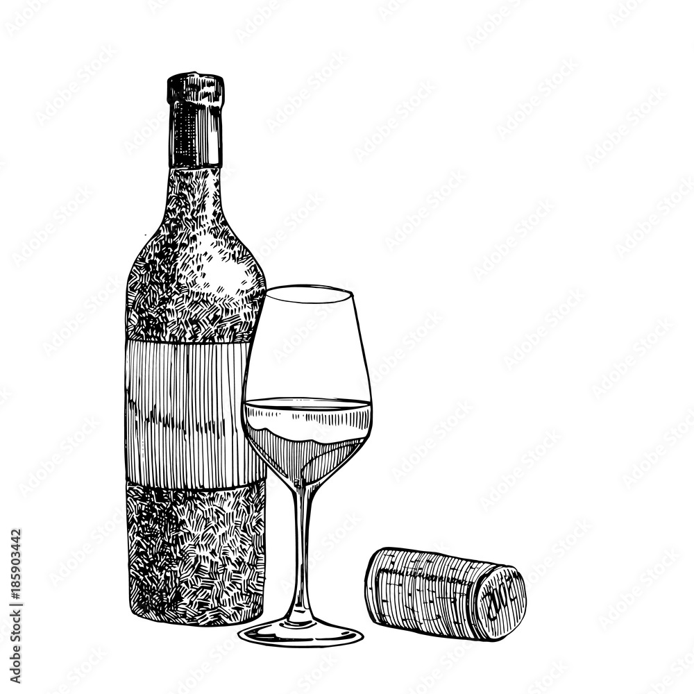 Red wine bottle and glasses, sketch style vector illustration isolated