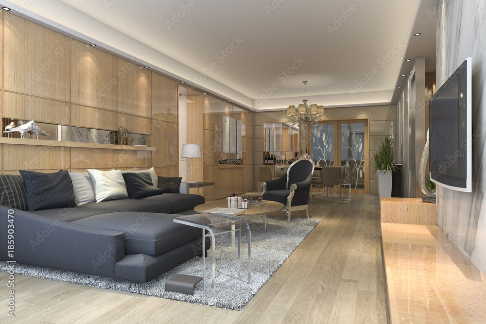 3d rendering luxury and modern living room and dining room