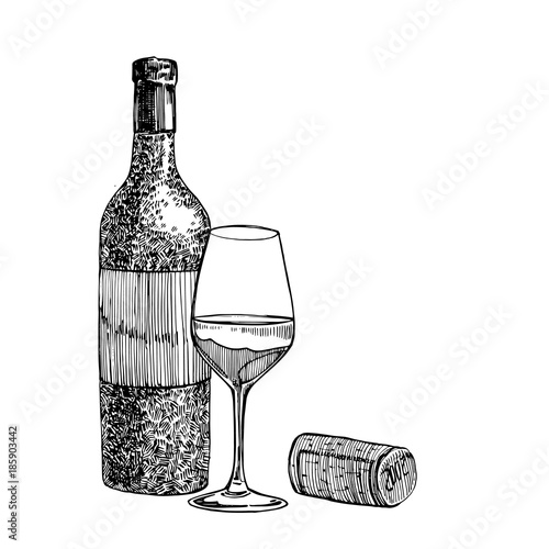 Red wine bottle and glasses, sketch style vector illustration isolated on white background. Realistic hand drawing. Engraving style illustrations.