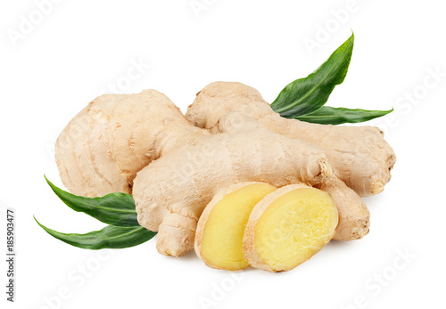 Ginger root with leaves isolated on white background photo