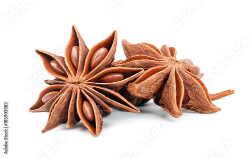 Star anise spice fruits and seeds isolated on white background closeup